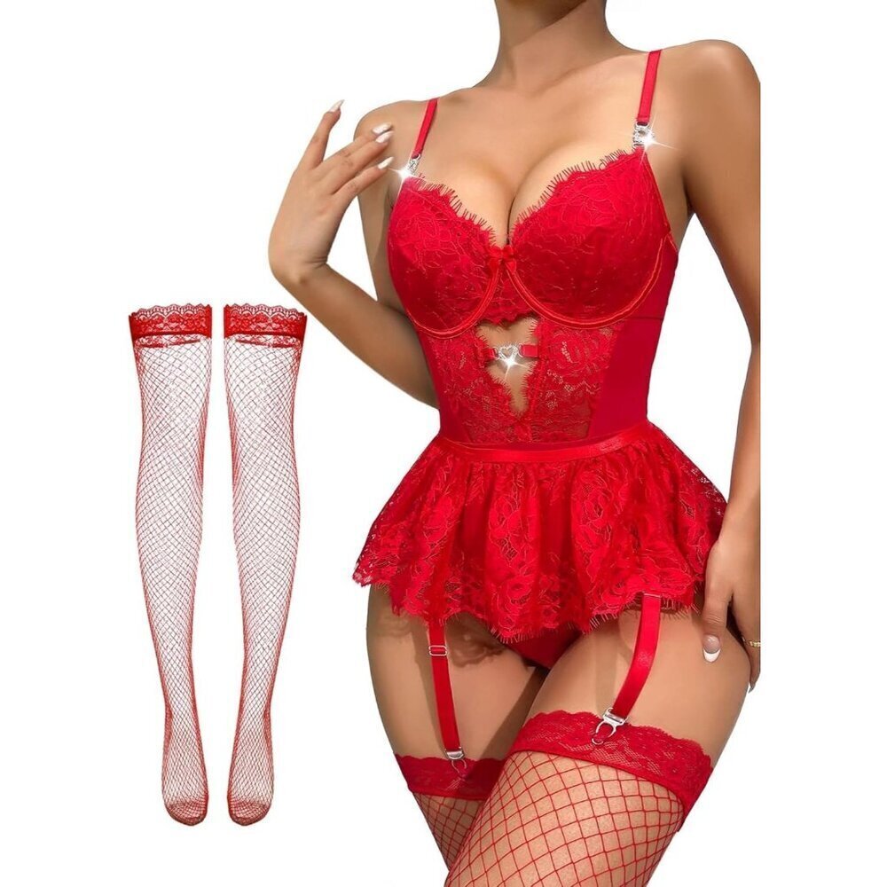 Women's Red Lace Bodysuit Underwire Babydoll Lingerie Set Garter Belt